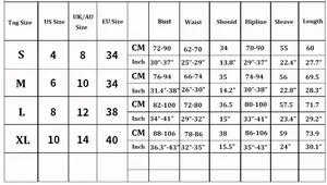 Detailed size chart for V-neck long sleeve ribbed bodysuit with S to XL measurements