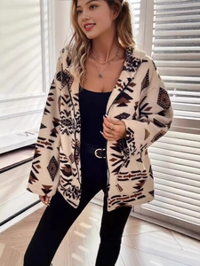 Women's hooded sherpa fleece jacket with vintage geometric ethnic prints and zipper closure