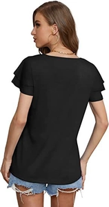 Detail of elegant double-layered ruffle sleeves on this black V-neck casual summer tee