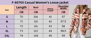 Detailed size chart for women's geometric print hooded jacket with zipper closure