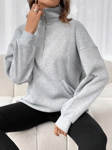 Women's casual oversized quarter-zip fleece sweatshirt in marl grey with polo collar
