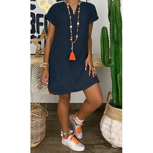 Dark blue loose cotton linen dress with V-neck and short sleeves in casual style