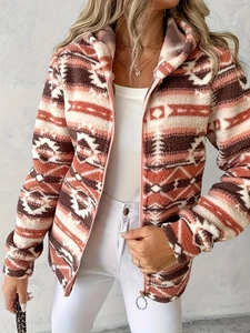 Women Ethnic Aztec Geometric Print Sherpa Fleece Jacket Hooded Long Sleeve Zip Up Loose Casual Winter Warm Outerwear Coat