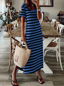Chic blue and black striped maxi dress with a V-neckline and short sleeves for summer