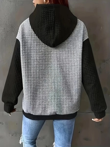 Mens oversized color block hoodie with waffle texture and grey-black contrast panels