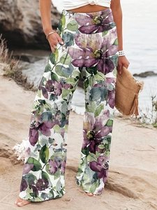 Pantalon large à imprimé floral blanc avec fleurs aquarelles violettes et vertes
