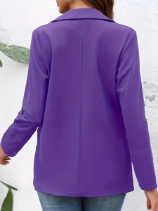 Rear view of a slim-fit purple lapel jacket for women featuring back seam and cuff details