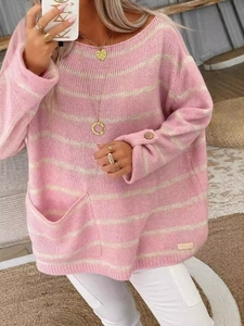 Loose pink and beige striped knit sweater with crew neck and sleeve button details