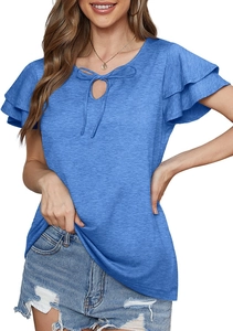 Close-up of blue V-neck top with double-layer ruffle sleeves and tie-up cutout detail