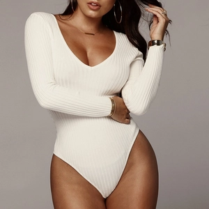 Close-up of white ribbed knit fabric and V-neckline detail on long sleeve bodysuit
