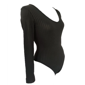 Detail of black V-neck long sleeve ribbed bodysuit showing slim fit knitted fabric