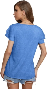 Detail of light blue V-neck T-shirt showing ruffled double sleeves and marled fabric