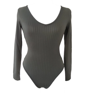 Detail of ribbed knit texture on a dark grey V-neck long sleeve bodysuit for women