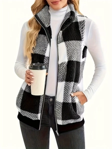 Women Plaid Fleece Vest Winter Sleeveless Jacket Stand Collar Buffalo Check Waistcoat Zip Up Warm Outerwear Casual Top