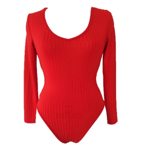 Detail showing red ribbed knit texture and U-neckline of the long sleeve bodysuit