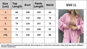 Tableau des tailles et mesures pour l'ensemble chemise rose et pantalon taille haute