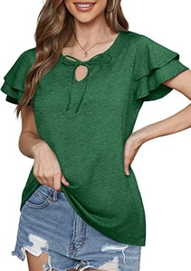 Detail of dark green V-neck top showing ruffle layered sleeves and front tie design