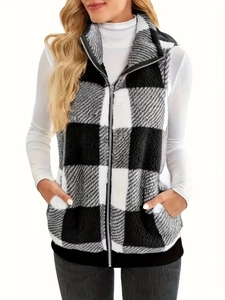 Women's plaid fleece vest with high neck, zipper closure, and grey checkered pattern