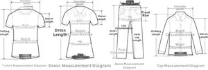 Detailed measurement guide for women's tops, dresses, and pants with clear dimension lines