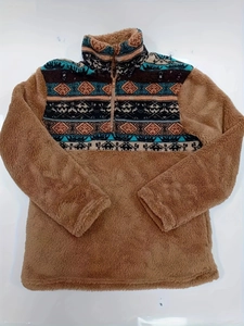 Men's bohemian earth-brown fleece sweatshirt with half-zip and ethnic geometric patterns
