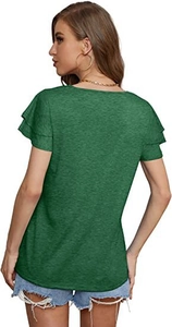 Detail of a dark green V-neck T-shirt with layered ruffle sleeves and casual styling