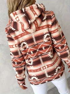 Cozy Aztec geometric print fleece hoodie for women featuring a warm oversized loose fit design