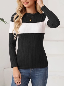 Damen Slim Fit Langarm-Strickpullover mit klassischen schwarz-weißen Kontraststreifen