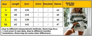 Size chart for women striped crewneck sweater with detailed measurements for S to XL