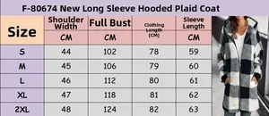 Size chart showing measurements for the plush hooded plaid jacket in sizes S to XXL