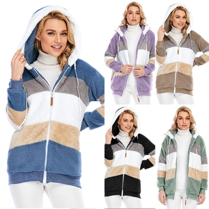 Giacca da Donna Casual in Pile Sherpa con Cappuccio e Blocchi di Colore Cappotto Invernale Caldo in Peluche con Cerniera