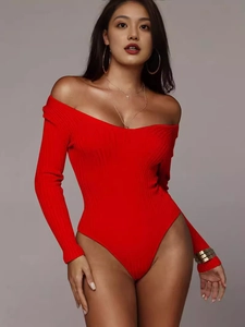 Women Sexy V-Neck Long Sleeve Ribbed Knit Bodysuit Slim Fit Solid One-Piece Jumpsuit Fashion Casual Autumn Winter Top