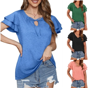Women Casual V Neck Ruffle Short Sleeve T-Shirt Double Layer Ruffle Sleeve Lace-Up Bow Solid Color Summer Top For Ladies