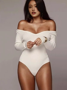 Elegant white ribbed long-sleeve off-shoulder bodysuit for women in a slim fit style