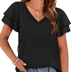 Elegant black V-neck T-shirt for women with double-layered ruffle sleeves and stylish ties