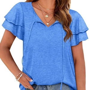 Light blue V-neck t-shirt for women with stylish double layered ruffle sleeves