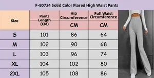 Detailed size chart for high-waisted flared trousers ranging from S to 2XL with measurements