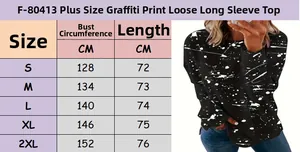 Size chart for graffiti print long sleeve t-shirt showing S to 2XL measurements