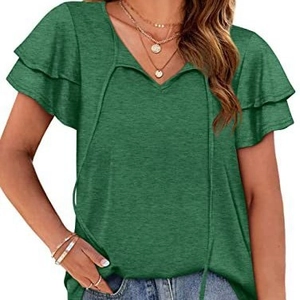 Deep green V-neck T-shirt for women with double ruffle sleeves and delicate tie detail