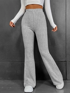 Women High Waist Ribbed Flared Pants Solid Color Casual Slim Fit Knitted Long Trousers Autumn Winter Fashion Grey Slacks