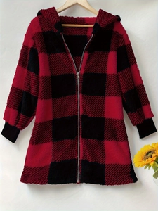 Detail view of plush red and black plaid hooded jacket with zipper and ribbed cuffs