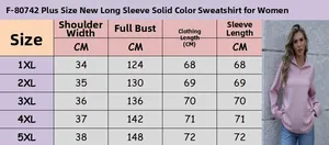 Size chart showing measurements for plus size solid color long sleeve zipper sweatshirt