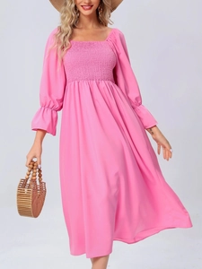 Robe Midi Smockée à Col Carré Style Français pour Femmes Manches Longues à Volants Ligne A Couleur Unie Vacances