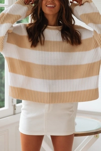 Close-up of khaki and white wide striped knit sweater with ribbed hem and crew neck