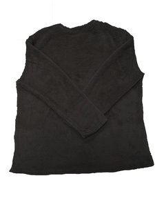 Detail of black fleece sweatshirt showing thick fuzzy fabric texture and round neckline