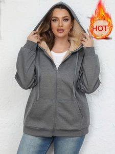 Women Casual Sherpa Lined Hoodie Jacket Thermal Zip Up Sweatshirt Solid Color Fleece Hooded Coat With Pockets For Winter