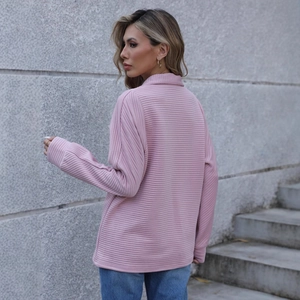 Women's pink long sleeve ribbed sweatshirt with lapel collar and casual loose fit cut