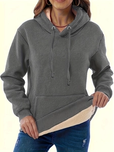 Dunkelgrauer Fleece-Gefütterter Kapuzenpullover für Damen mit Kängurutasche und Kordelzug
