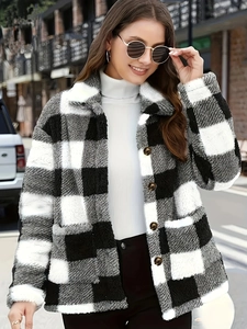 Women Checkered Plush Jacket Lapel Button Down Coat Winter Warm Long Sleeve Casual Streetwear Loose Outerwear Fashion Overcoat