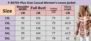 Detailed size chart for women's plus size geometric print hooded zip-up jacket