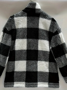Women's black and white checkered plush jacket with fleece material and high collar